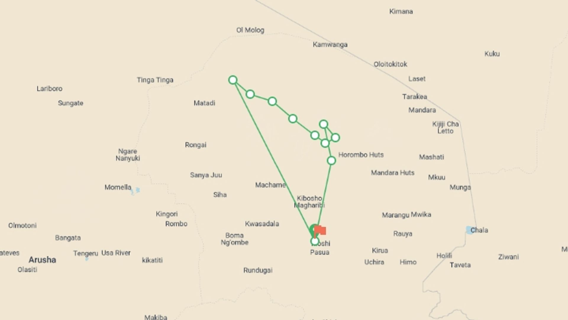 A map showing the tour itinerary for the trip: Mt. Kilimanjaro - Lemosho Route, starting in Moshi, Tanzania and ending in Moshi, Tanzania going through 9 other destinations.