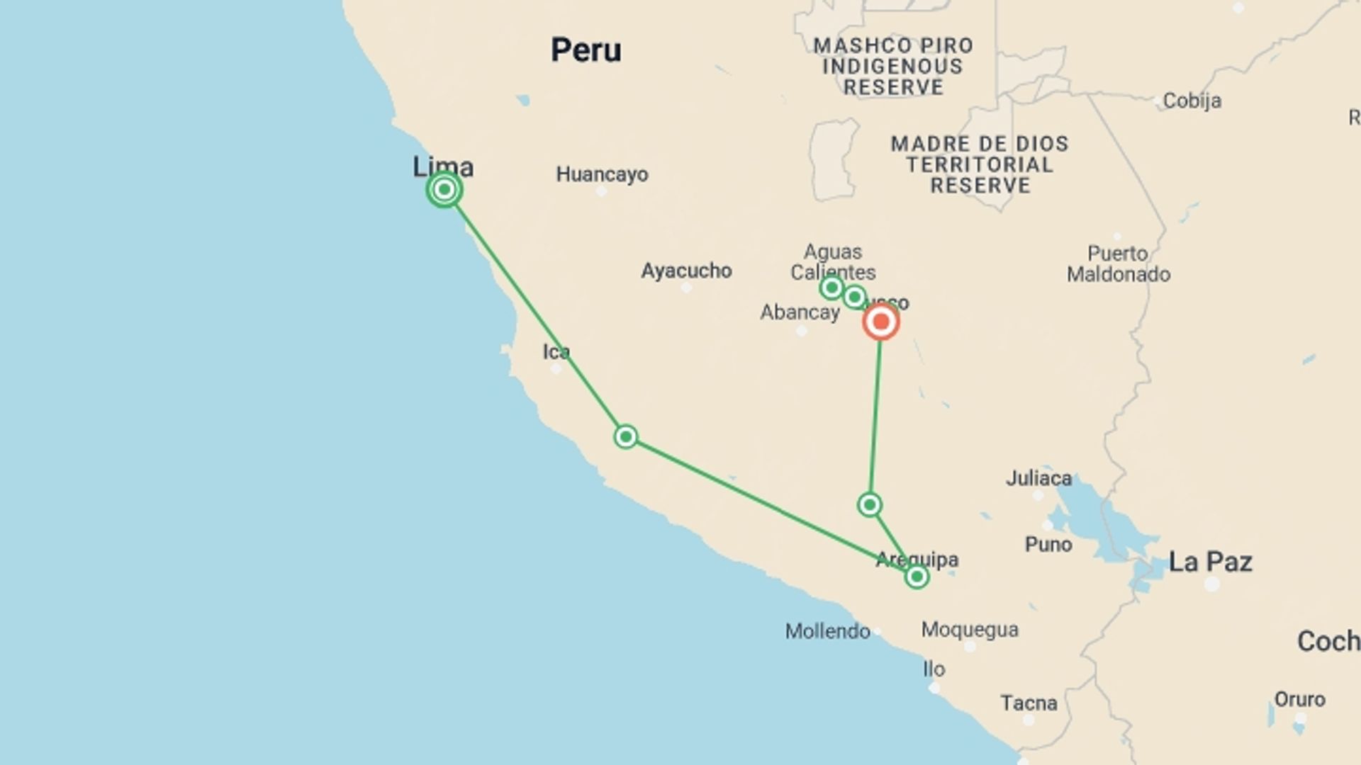A map showing the tour itinerary for the trip: Peru: Ancient Cities & the Andes, starting in Lima, Peru and ending in Cusco, Peru going through 6 other destinations.