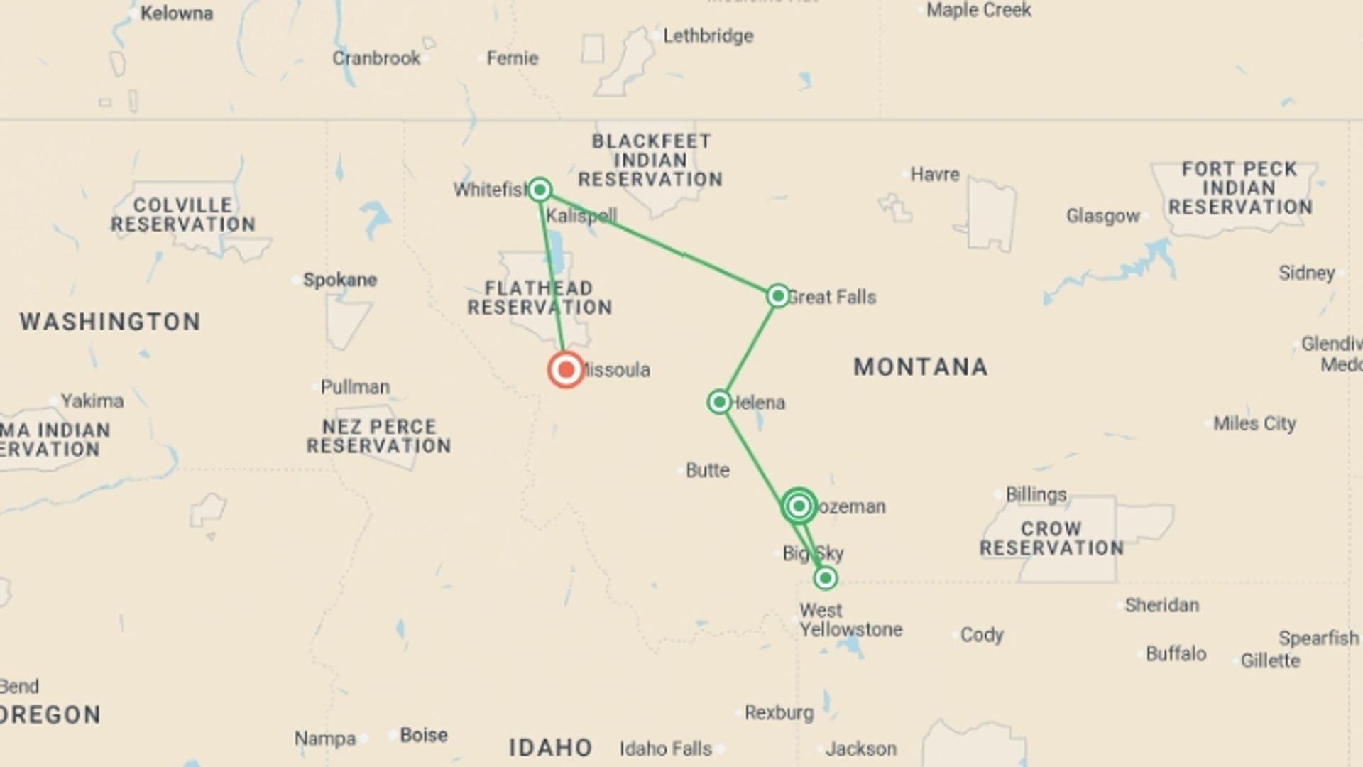 A map showing the tour itinerary for the trip: Montana: Exploring Big Sky Country featuring Yellowstone & Glacier National Parks, starting in Bozeman, USA and ending in Missoula, USA going through 5 other destinations.