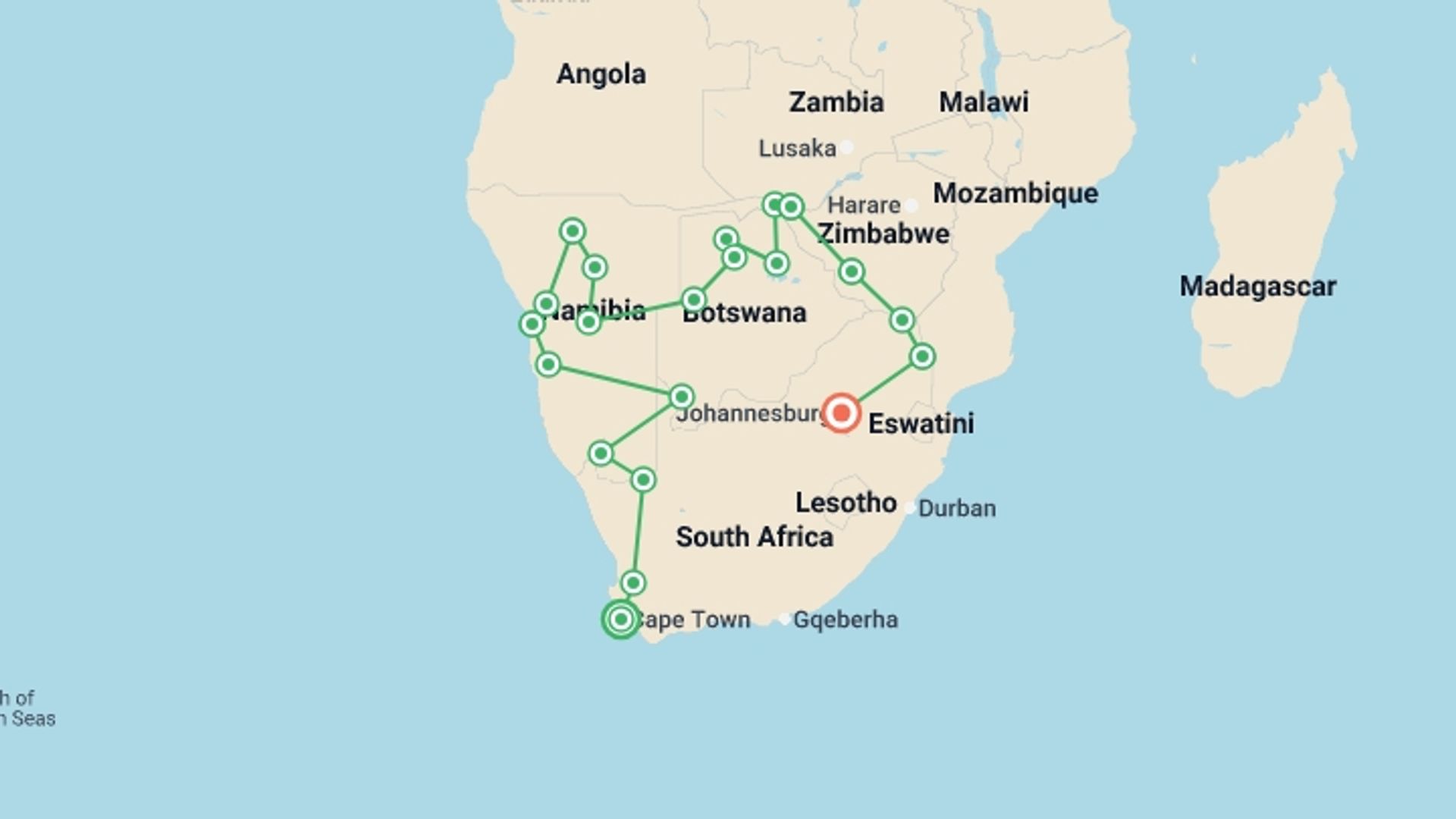 A map showing the tour itinerary for the trip: Southern Africa Overland: Cape Town, Falls & Kruger, starting in Cape Town, South Africa and ending in Johannesburg, South Africa going through 19 other destinations.