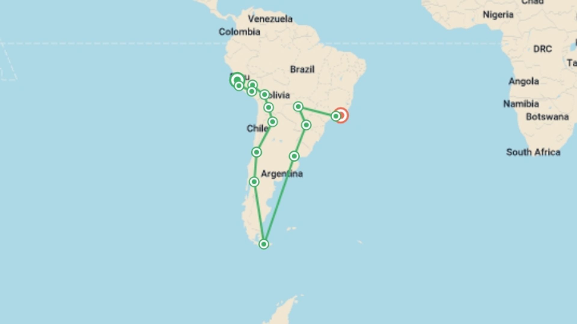 A map showing the tour itinerary for the trip: Lima To Rio (97 days) Kingdoms & Carnivals, starting in Lima, Peru and ending in Rio de Janeiro, Brazil going through 13 other destinations.