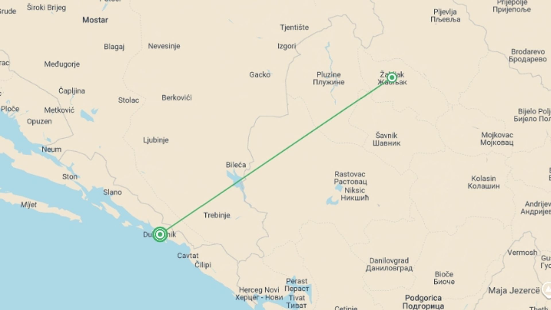 A map showing the tour itinerary for the trip: Croatia & Montenegro: Hike, Bike & Raft, starting in Dubrovnik, Croatia and ending in Dubrovnik, Croatia going through 1 other destinations.
