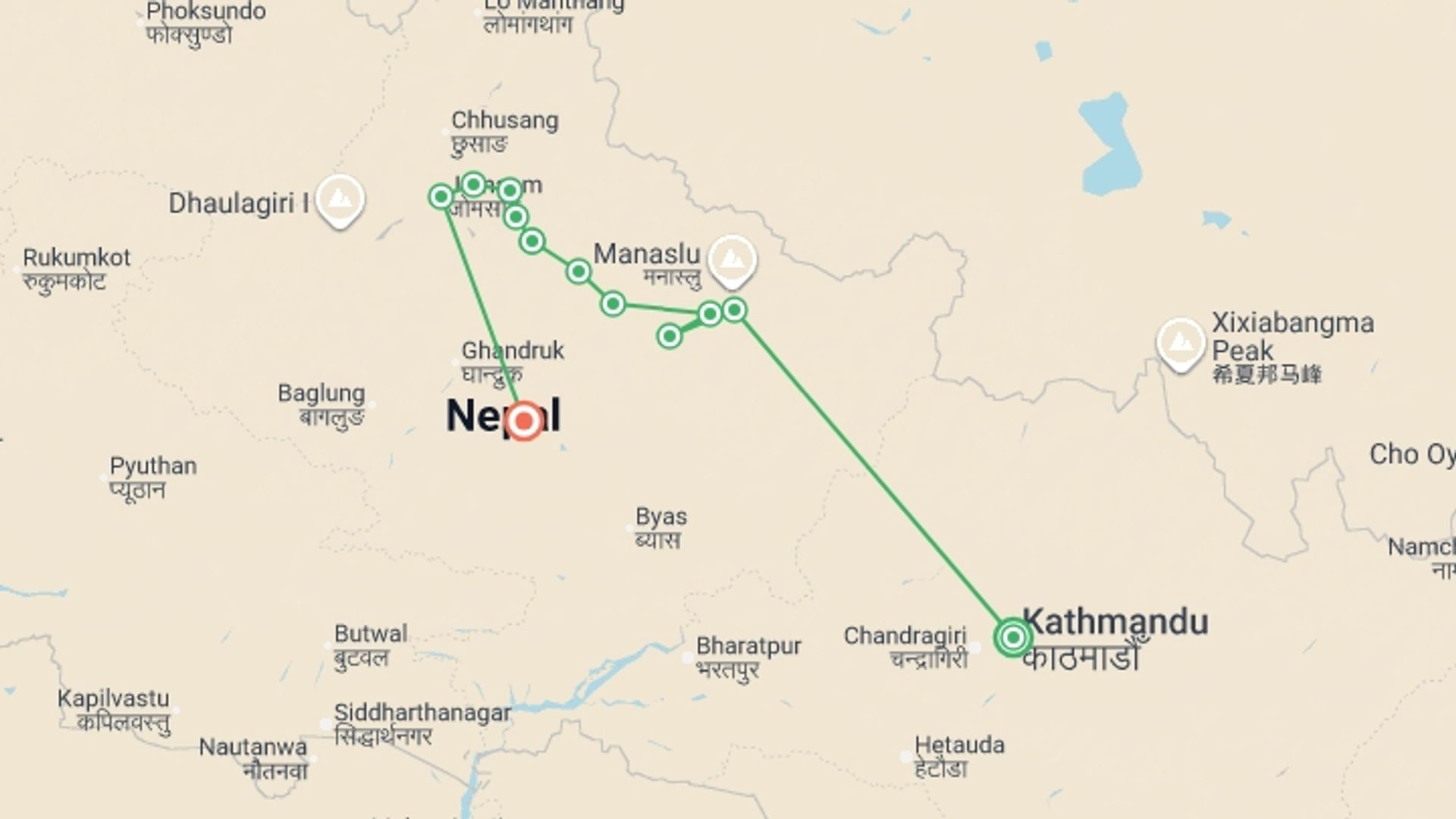 A map showing the tour itinerary for the trip: Annapurna Circuit Trek, starting in Kathmandu, Nepal and ending in Pokhara, Nepal going through 10 other destinations.