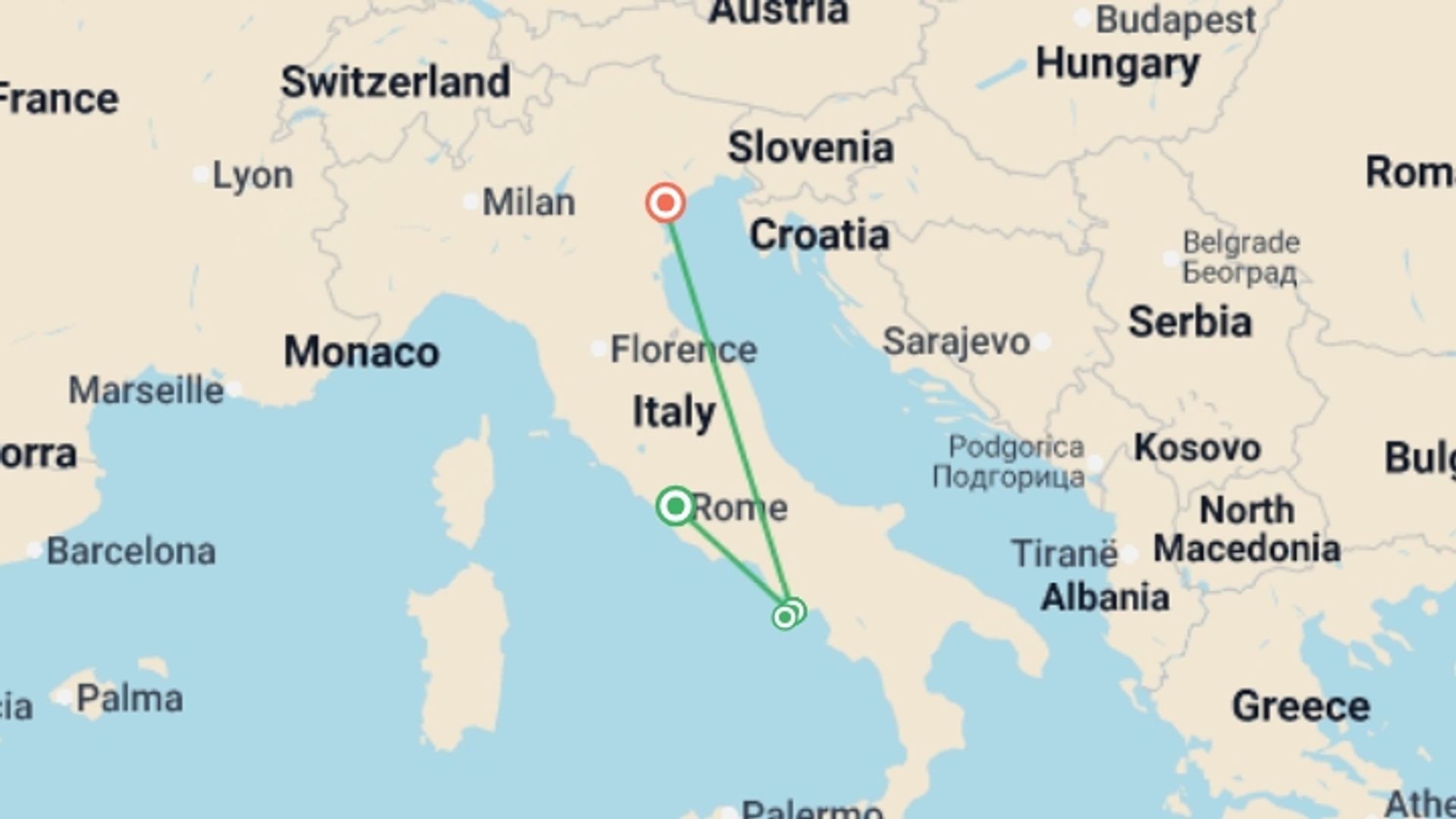A map showing the tour itinerary for the trip: Taste of the Amalfi Coast, starting in Rome, Italy and ending in Venice, Italy going through 2 other destinations.