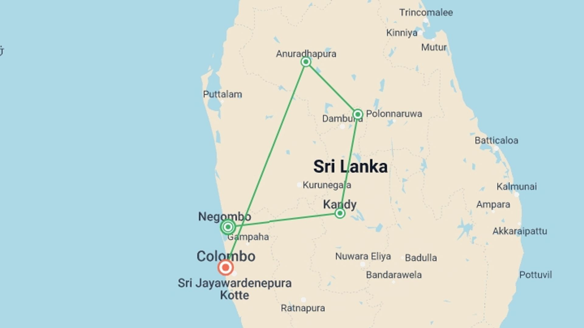 A map showing the tour itinerary for the trip: Classic Sri Lanka, starting in Negombo, Sri Lanka and ending in Colombo, Sri Lanka going through 3 other destinations.
