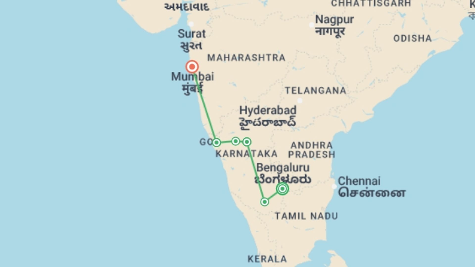 A map showing the tour itinerary for the trip: Karnataka Tour with Goa & Mumbai , starting in Bangalore, India and ending in Mumbai, India going through 4 other destinations.