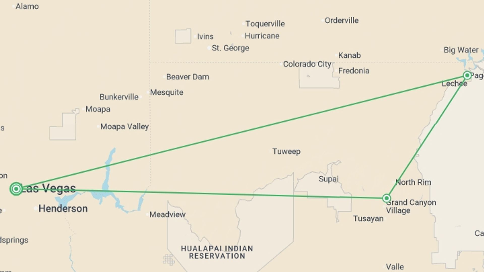 A map showing the tour itinerary for the trip: Grand Canyon & Antelope Canyon Overnight - 2 days, starting in Las Vegas, USA and ending in Las Vegas, USA going through 2 other destinations.