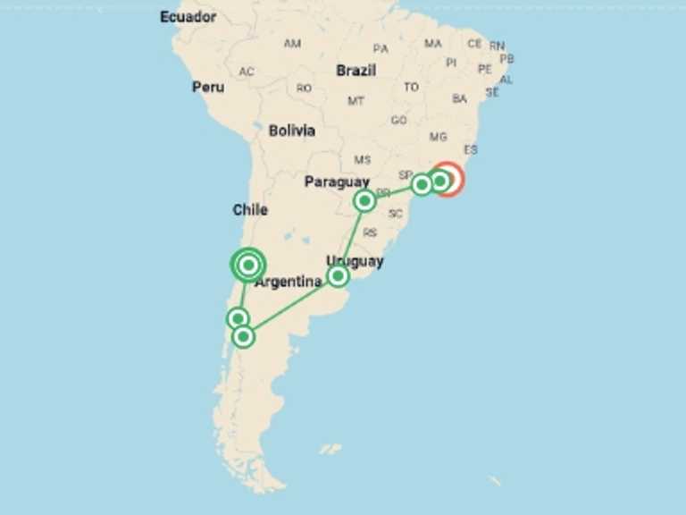 Map of a City sightseeing Tour with 8 destination visits for the trip: Andes, Iguassu & Beyond