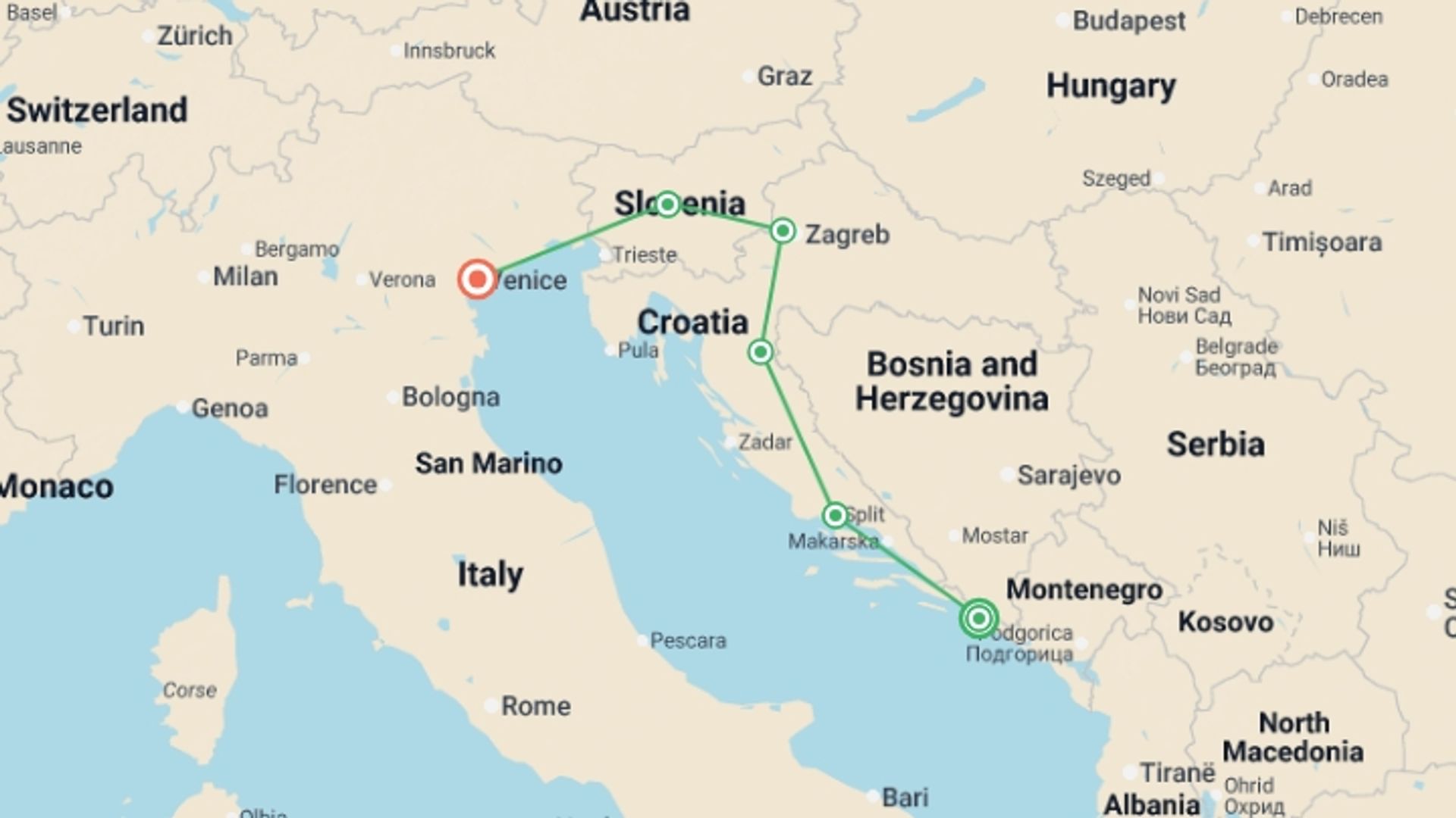A map showing the tour itinerary for the trip: Dubrovnik to Venice, starting in Dubrovnik, Croatia and ending in Venice, Italy going through 4 other destinations.
