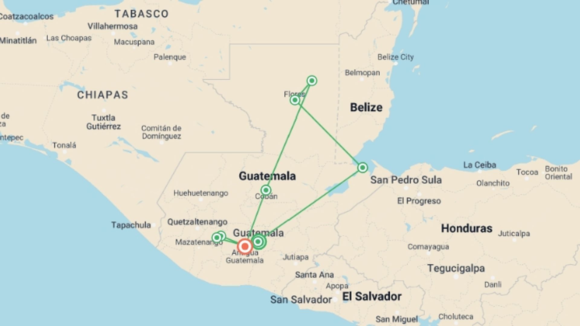 A map showing the tour itinerary for the trip: Guatemala - Land of the Maya, starting in Guatemala City, Guatemala and ending in Antigua, Guatemala going through 7 other destinations.