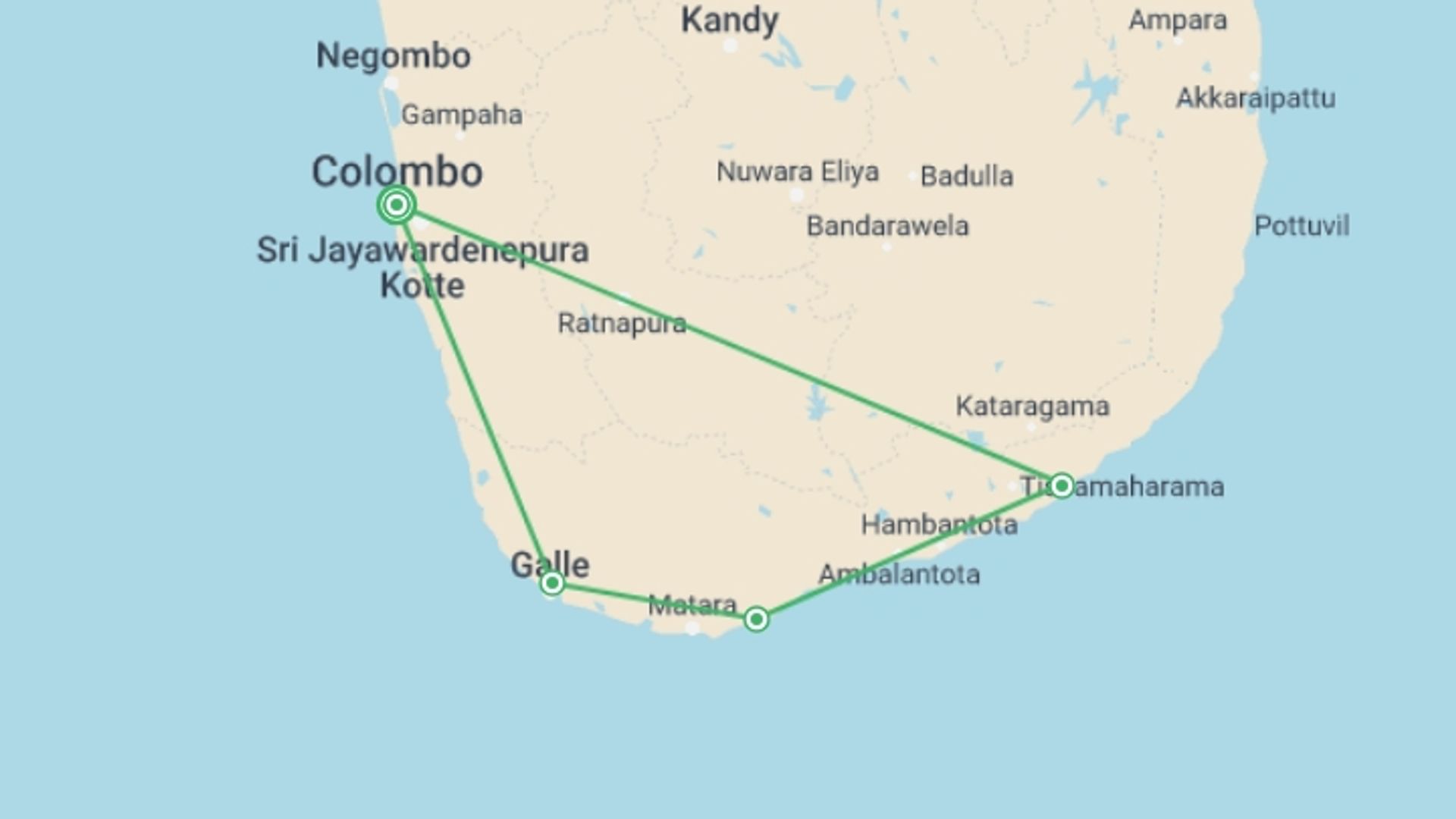 A map showing the tour itinerary for the trip: Experience The Diverse South, starting in Colombo, Sri Lanka and ending in Colombo, Sri Lanka going through 1 other destinations.