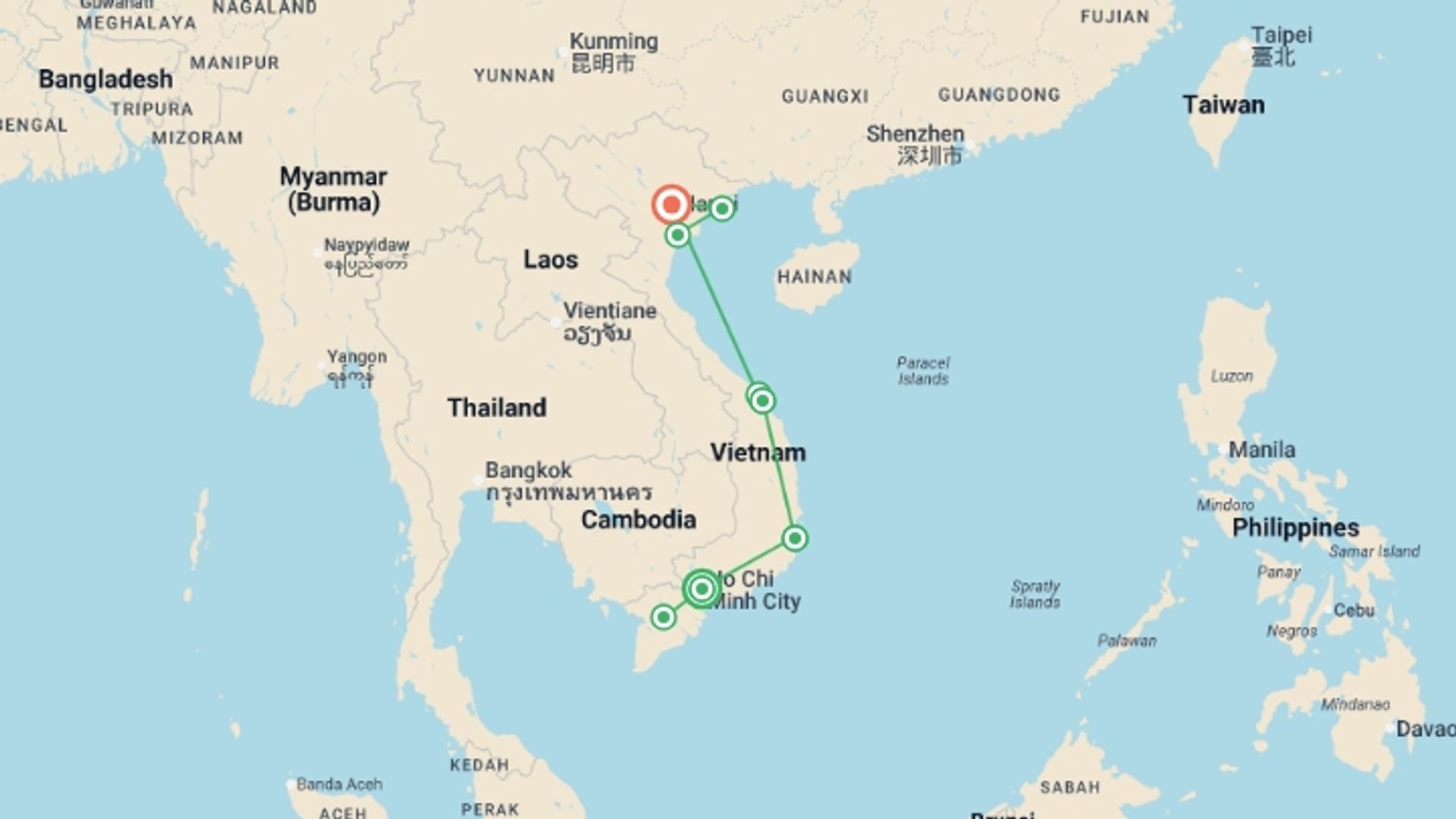 A map showing the tour itinerary for the trip: Best of Vietnam, starting in Ho Chi Minh City, Vietnam and ending in Hanoi, Vietnam going through 5 other destinations.