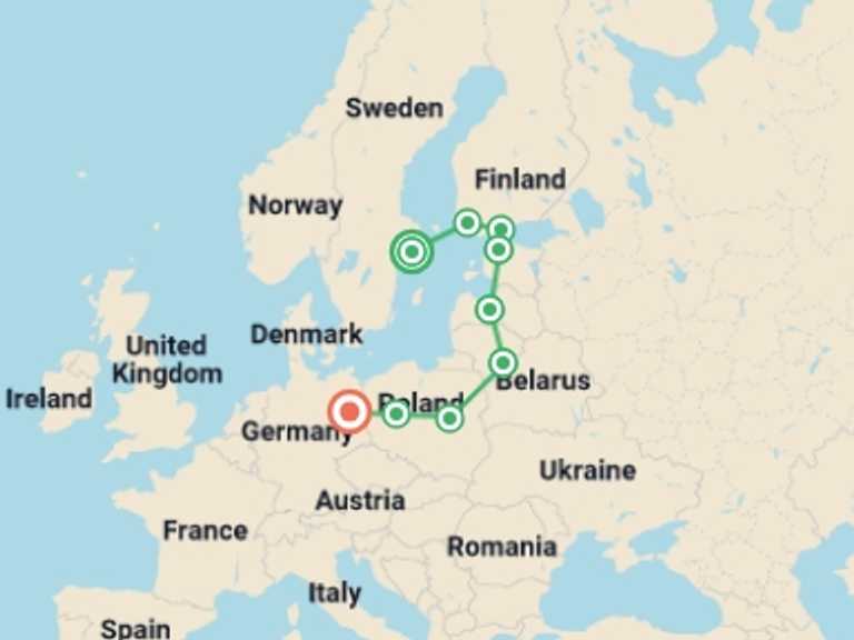 Map of 15-Day Europe Tour with 9 destination visits for the trip: Baltic Capitals End Berlin