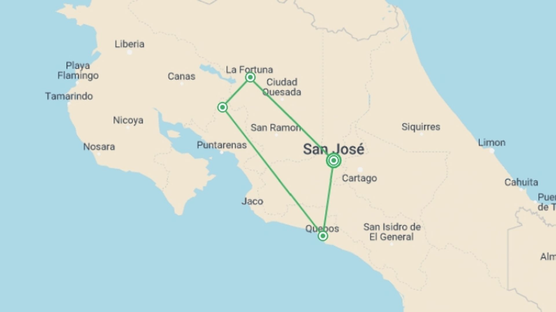 A map showing the tour itinerary for the trip: Costa Rica Escape, starting in San Jose, Costa Rica and ending in San Jose, Costa Rica going through 3 other destinations.