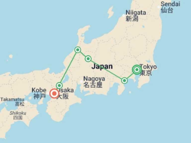Map itinerary of Asia Tour in August 2026 with 6 destination visits for the trip: Tokyo, Takayama & Osaka - 11 days