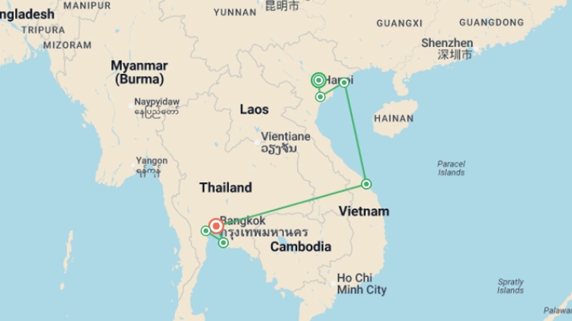 A map showing the tour itinerary for the trip: Grand Horizons Vietnam & Thailand - 14 days, starting in Hanoi, Vietnam and ending in Bangkok, Thailand going through 5 other destinations.