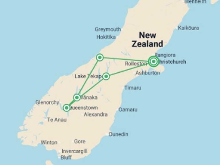 Map of a Natural landmarks sightseeing Tour with 5 destination visits for the trip: New Zealand South Island Express