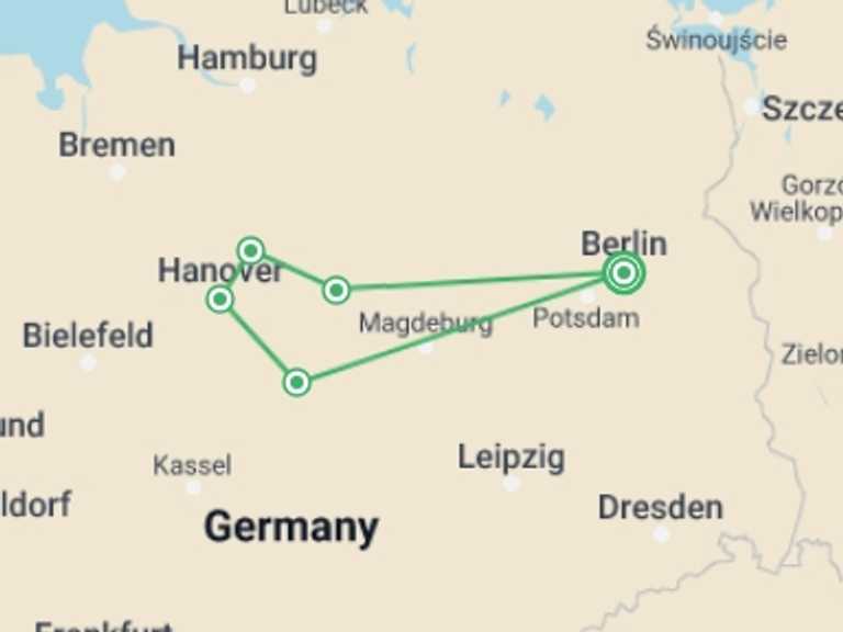 Map itinerary of Berlin Tour in Spring with 2 destination visits for the trip: Northern Germany with Berlin