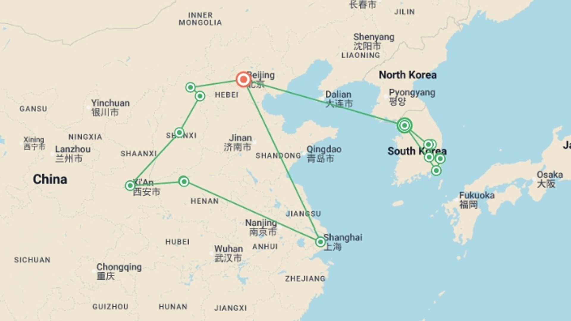 A map showing the tour itinerary for the trip: Korea and Classic China, starting in Seoul, South Korea and ending in Beijing, China going through 8 other destinations.