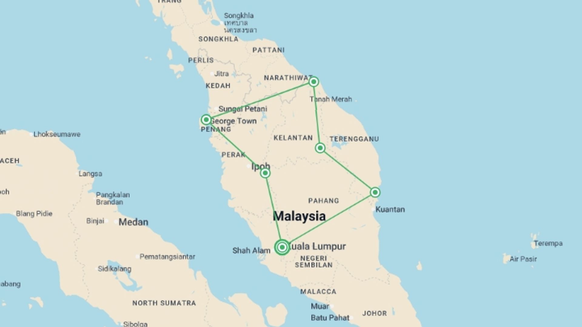 A map showing the tour itinerary for the trip: Best of Malaysia - 7 days, starting in Kuala Lumpur, Malaysia and ending in Kuala Lumpur, Malaysia going through 5 other destinations.