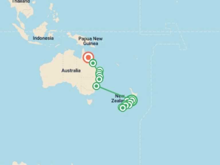 Map of Oceania Tour with 16 destination visits for the trip: Australia and New Zealand: Surfing & National Parks