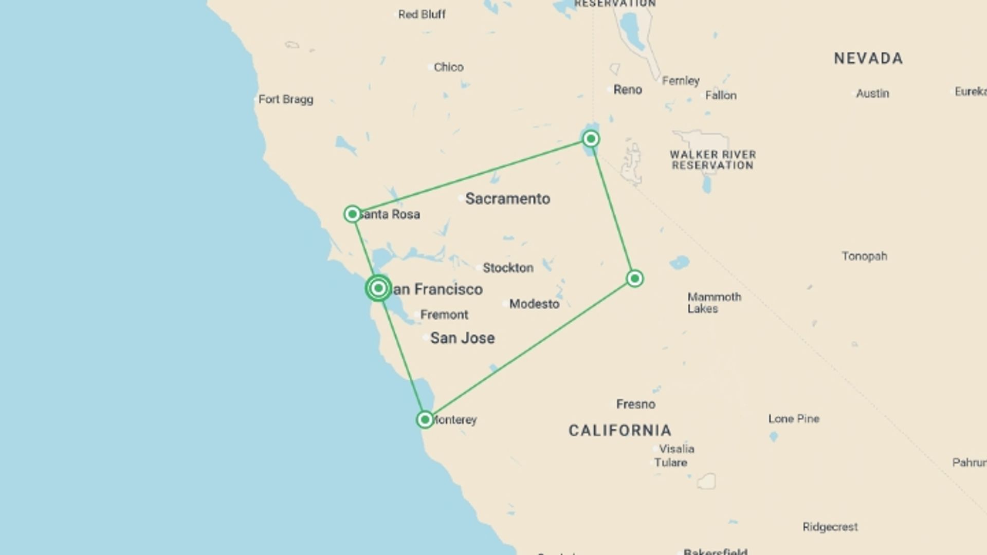 A map showing the tour itinerary for the trip: Northern California with Yosemite National Park, starting in San Francisco, USA and ending in San Francisco, USA going through 4 other destinations.