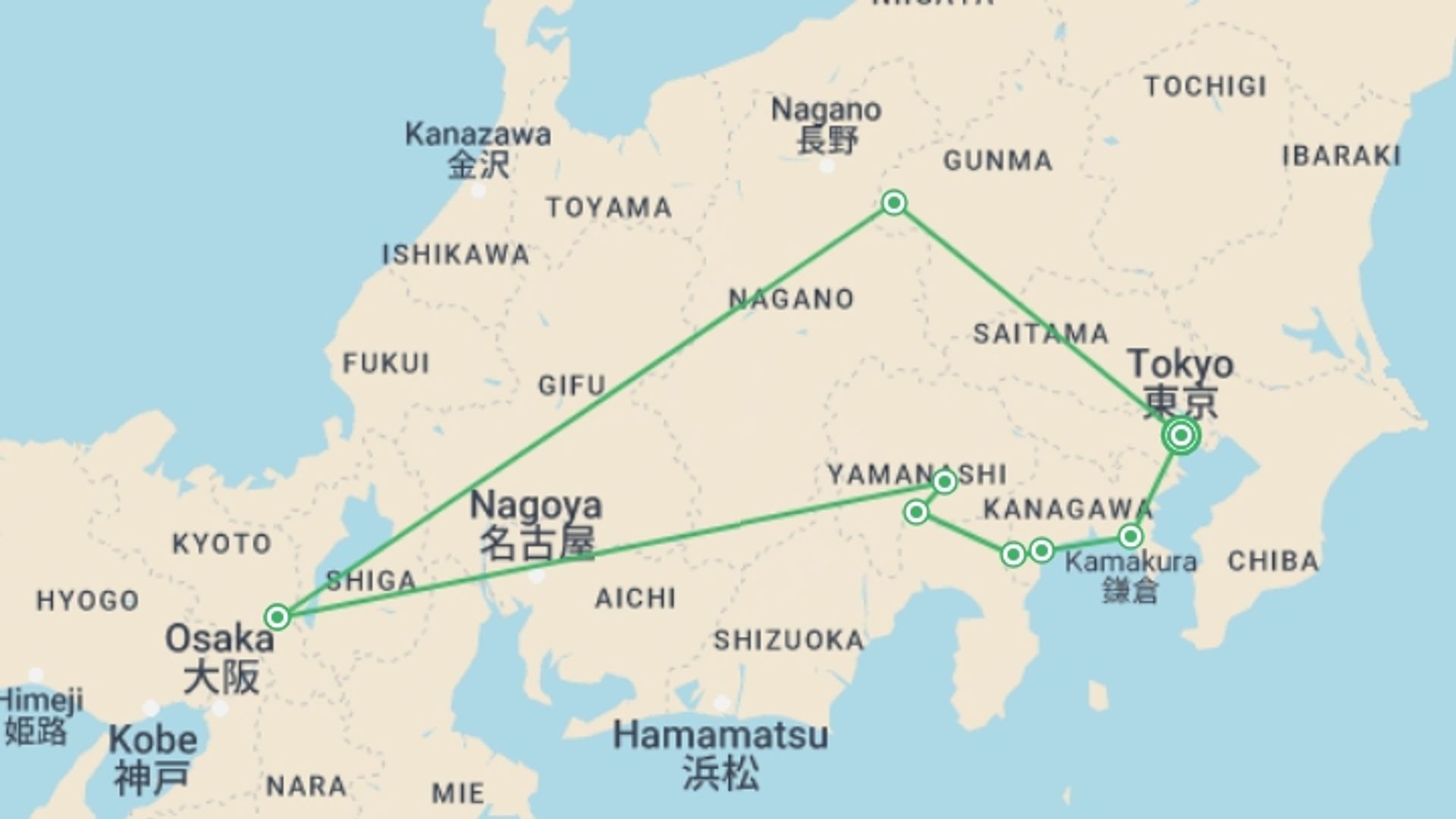 A map showing the tour itinerary for the trip: Corners of Japan with Mount Fuji, starting in Tokyo, Japan and ending in Tokyo, Japan going through 3 other destinations.
