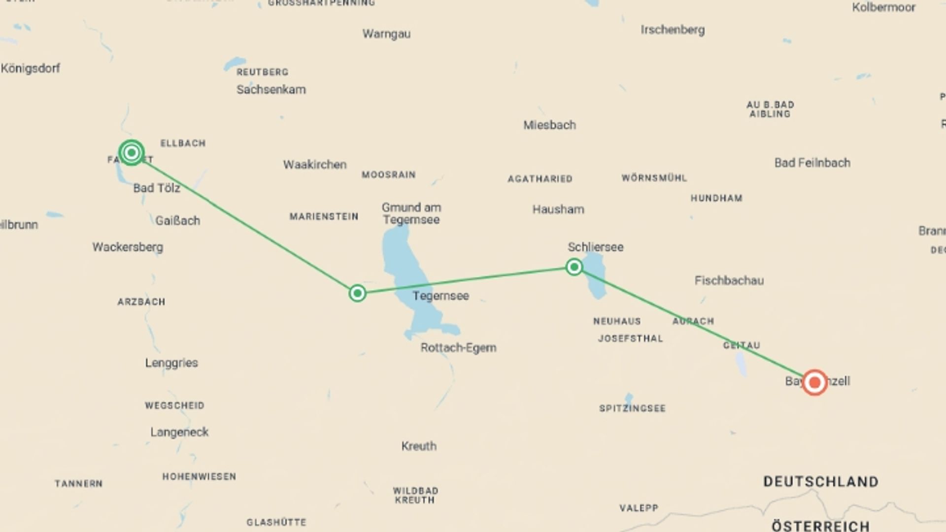 A map showing the tour itinerary for the trip: Walking Bavaria’s Lakes and Mountains, starting in Bad Tolz, Germany and ending in Bayrischzell, Germany going through 2 other destinations.