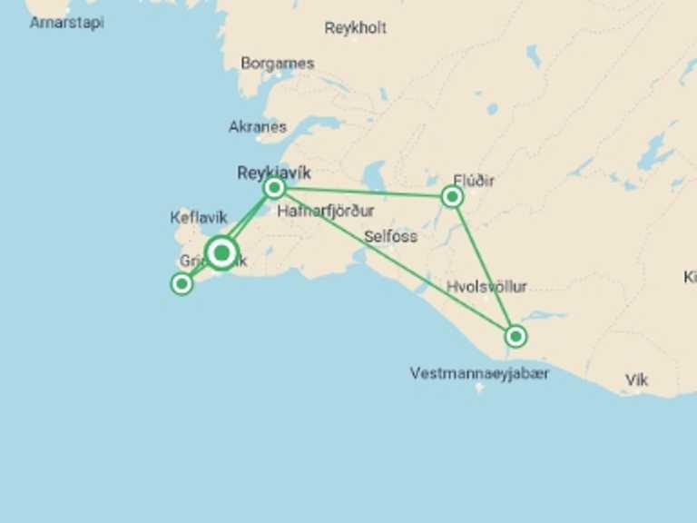 Map of a Self-drive or vehicle rental Tour with 4 destination visits for the trip: 4-Day Family-Friendly Iceland Road Trip