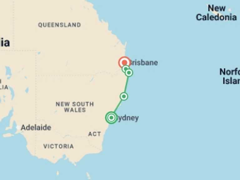 Map itinerary of Australia Tour in Spring with 6 destination visits for the trip: One Week from Sydney to Brisbane