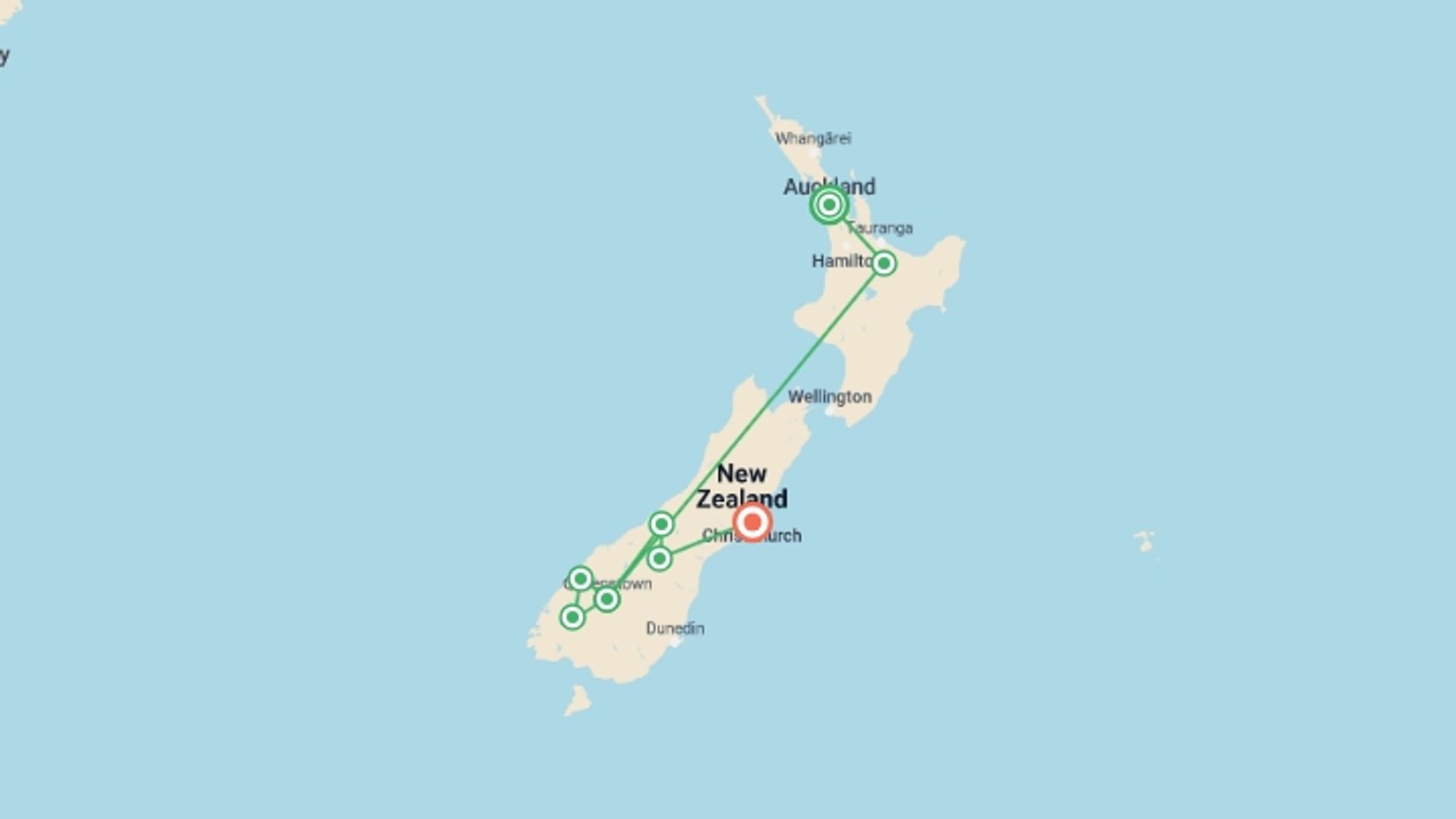 A map showing the tour itinerary for the trip: New Zealand Express - 10 days, starting in Auckland, New Zealand and ending in Christchurch, New Zealand going through 4 other destinations.