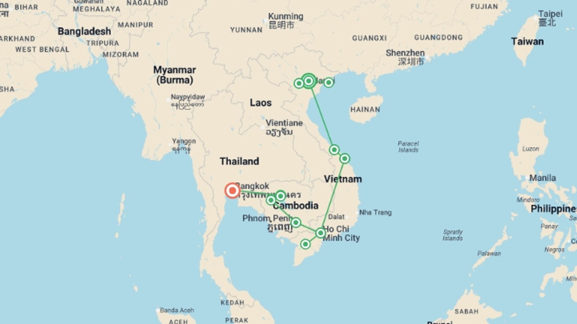 A map showing the tour itinerary for the trip: Vietnam & Cambodia Adventure, starting in Hanoi, Vietnam and ending in Bangkok, Thailand going through 10 other destinations.