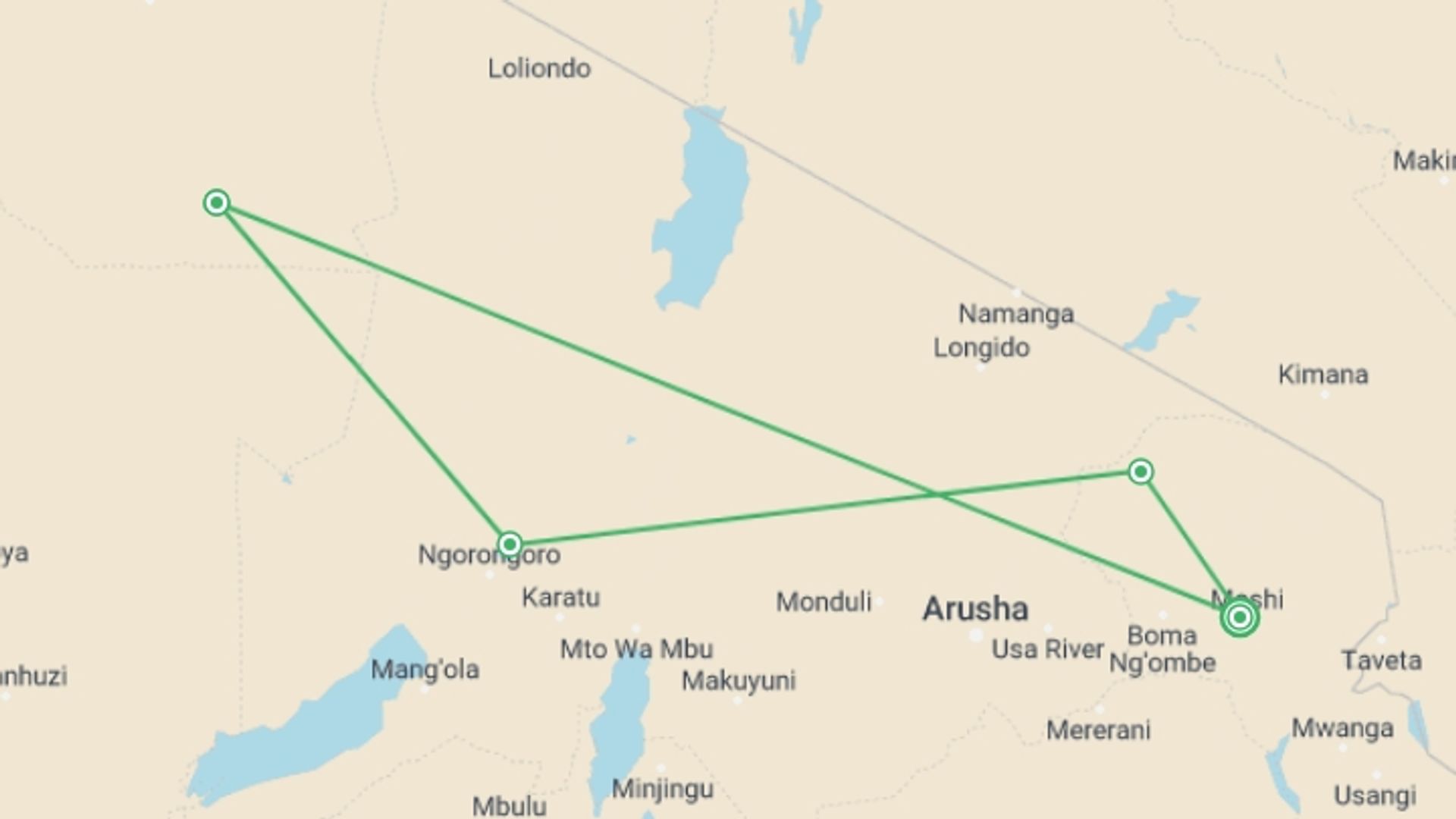 A map showing the tour itinerary for the trip: Four-Day Tanzania Safari: Serengeti & Ngorongoro, starting in Moshi, Tanzania and ending in Moshi, Tanzania going through 3 other destinations.