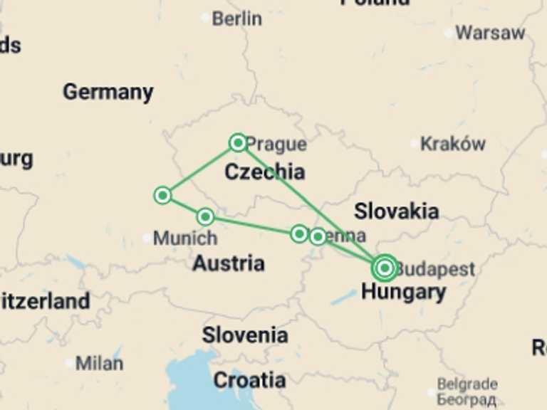 Map itinerary of Europe Tour in April 2027 with 6 destination visits for the trip: Delightful Danube & Prague (2027)