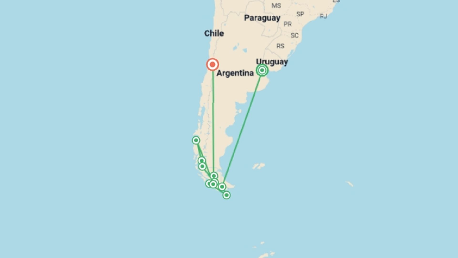 A map showing the tour itinerary for the trip: Essential Patagonia: Chilean Fjords and Torres del Paine, starting in Buenos Aires, Argentina and ending in Santiago, Chile going through 9 other destinations.