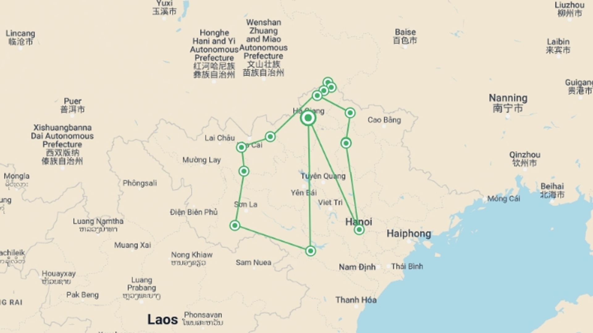 A map showing the tour itinerary for the trip: Northwest Loop Motorbike Adventure 11 Days 10 Nights, starting in Ha Giang, Vietnam and ending in Ha Giang, Vietnam going through 11 other destinations.
