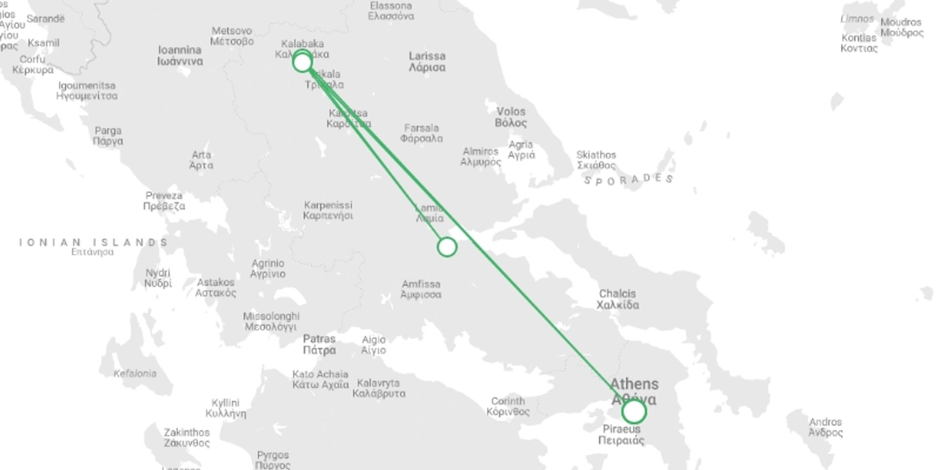 A map showing the tour itinerary for the trip: Delphi & Meteora 2D/1N, starting in Athens, Greece and ending in Athens, Greece going through 1 other destinations.