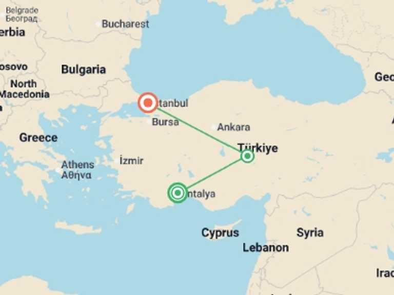 Map itinerary of Antalya Tour in September 2027 with 3 destination visits for the trip: Six Days in Turkey