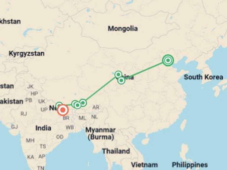 Map itinerary of Asia Tour in September 2026 with 8 destination visits for the trip: Discover Tibet