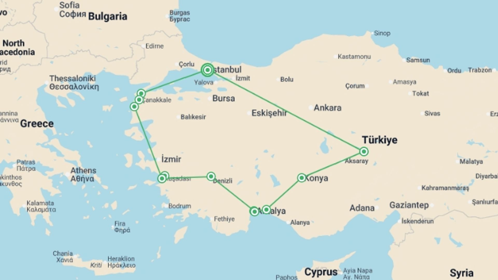 A map showing the tour itinerary for the trip: Essential Turkey (5 & 4 Star Hotels), starting in Istanbul, Turkey and ending in Istanbul, Turkey going through 6 other destinations.