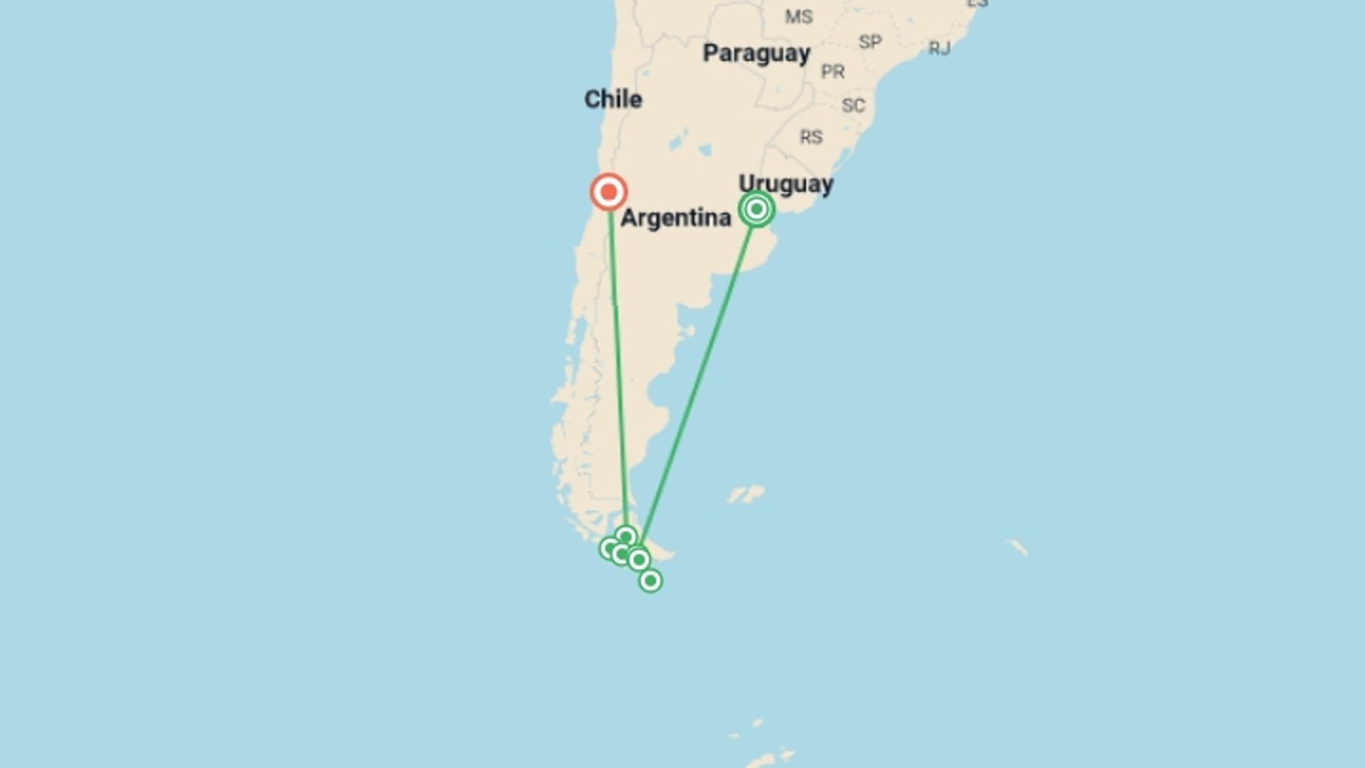 A map showing the tour itinerary for the trip: Patagonian Explorer Cruise, starting in Buenos Aires, Argentina and ending in Santiago, Chile going through 5 other destinations.