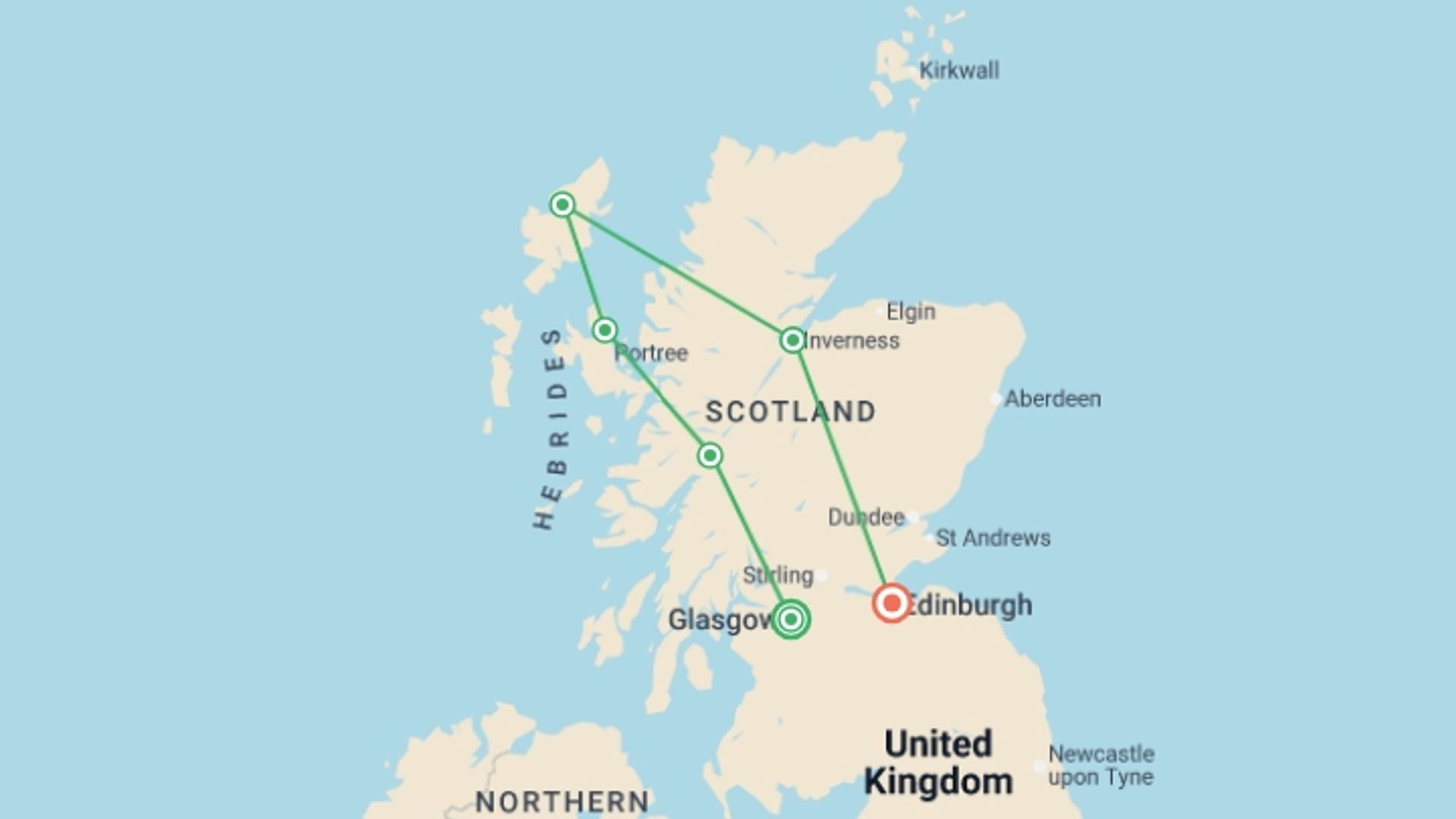 A map showing the tour itinerary for the trip: Highlights of Scotland, starting in Glasgow, Scotland and ending in Edinburgh, Scotland going through 4 other destinations.