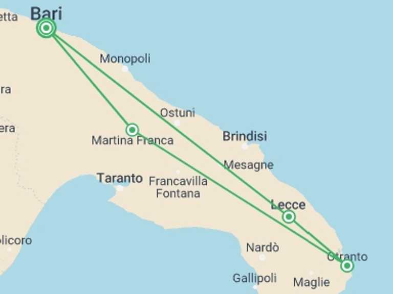 Map itinerary of Bari Tour in July 2026 with 4 destination visits for the trip: Puglian Villages Tour, Self-drive