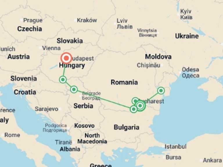 Map of Oltnenita Tour with 8 destination visits for the trip: Along the Danube, the Balkan peninsula and Budapest (port-to-port cruise)