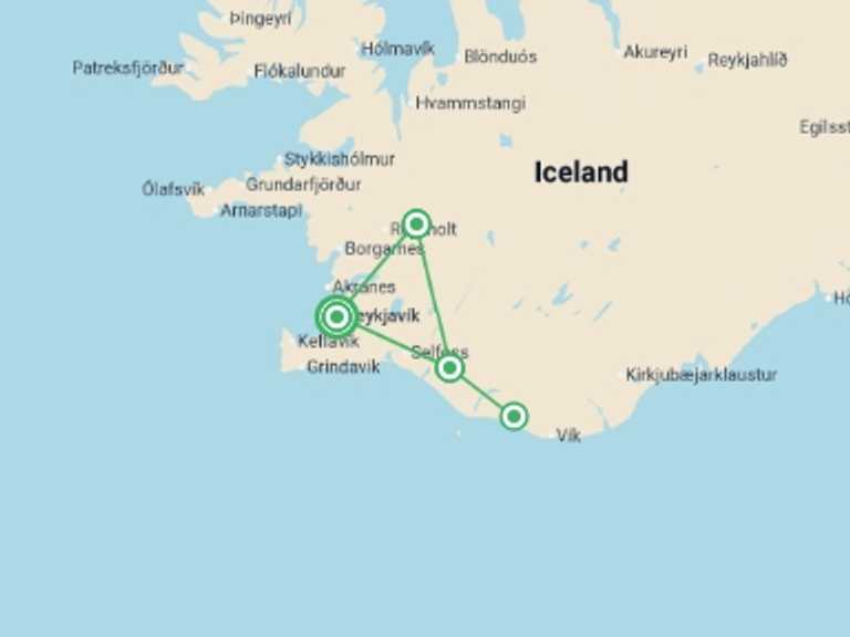 Map itinerary of Reykjavik Tour in Fall with 3 destination visits for the trip: Iceland: The Snaefellsnes Peninsula, Volcanoes & Hiking Húsafell