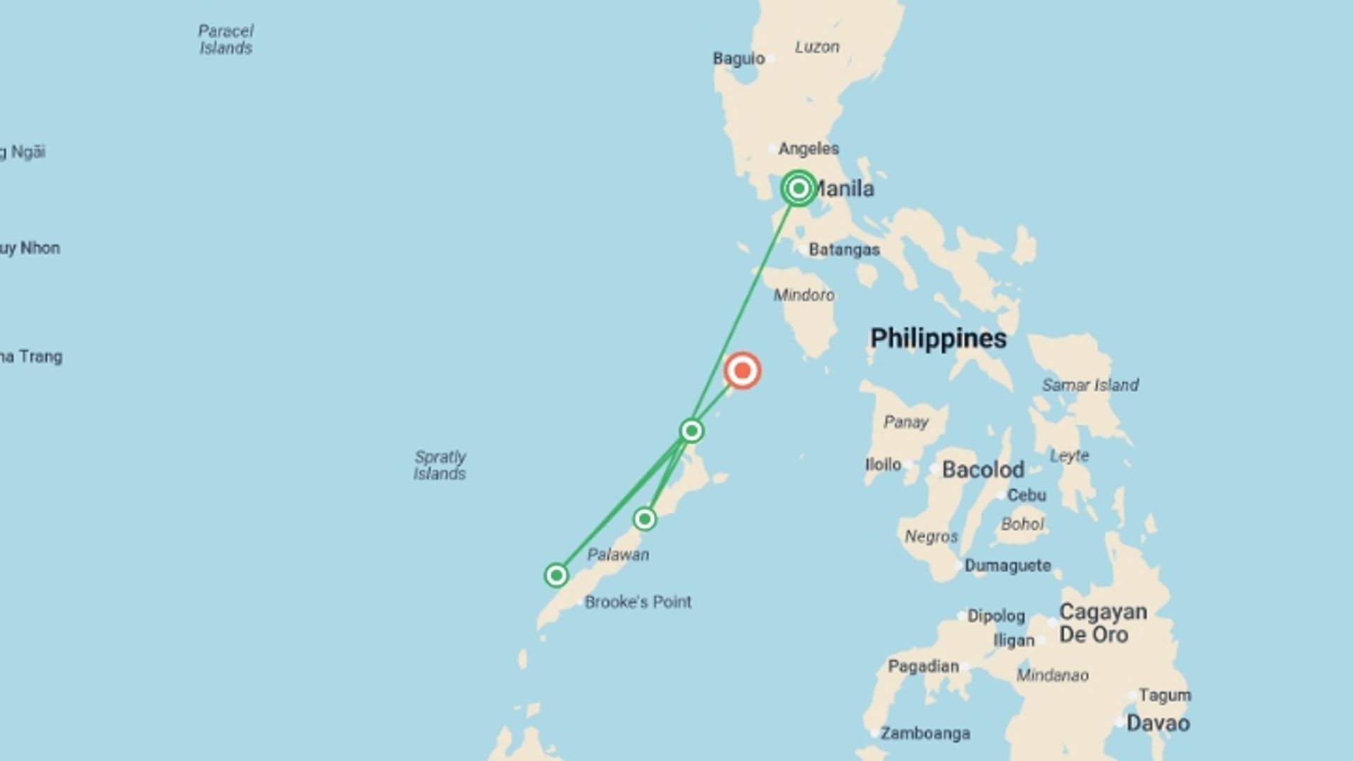 A map showing the tour itinerary for the trip: Epic Philippines: Island Hopping Adventure, starting in Manila, Philippines and ending in Coron, Philippines going through 3 other destinations.