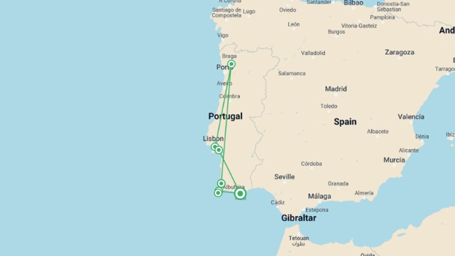 A map showing the tour itinerary for the trip: Cycling the Algarve's Rota Vicentina, starting in Algarve, Portugal and ending in Algarve, Portugal going through 5 other destinations.