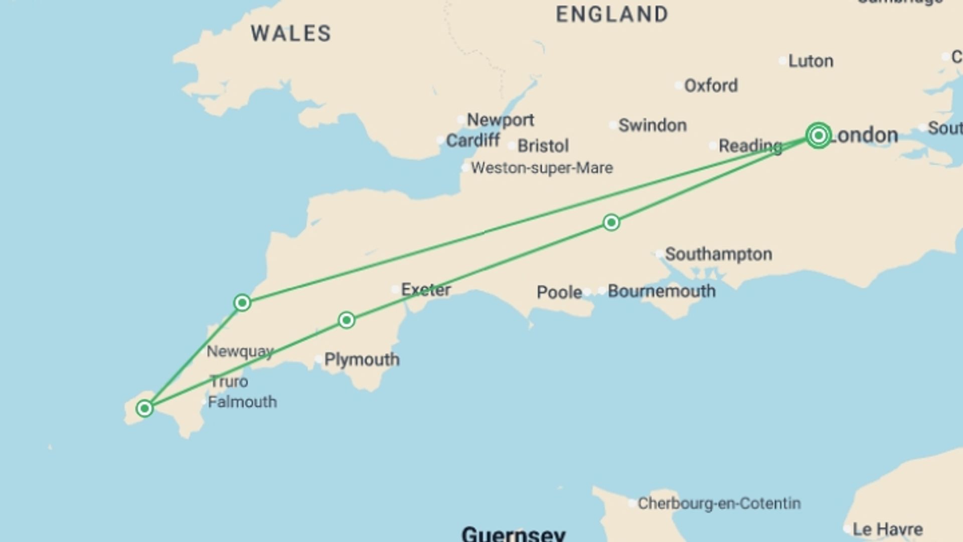 A map showing the tour itinerary for the trip: Highlights of South-West England, starting in London, England and ending in London, England going through 4 other destinations.