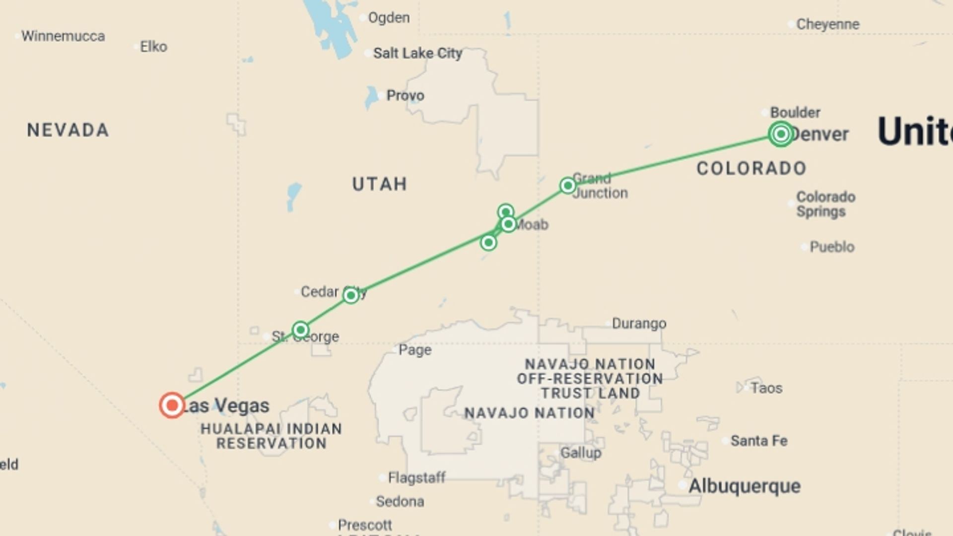 A map showing the tour itinerary for the trip: Painted Canyons of the West featuring Utah’s Five National Parks, starting in Denver, USA and ending in Las Vegas, USA going through 4 other destinations.