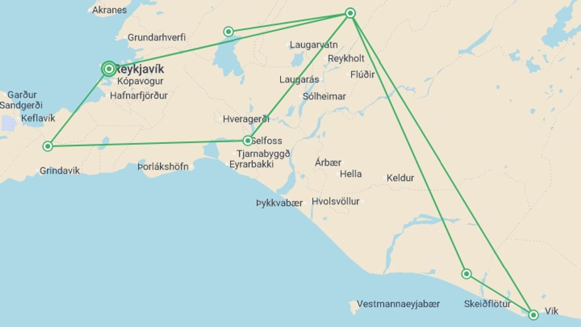 A map showing the tour itinerary for the trip: Southwest Iceland Discovered - 7 days, starting in Reykjavik, Iceland and ending in Reykjavik, Iceland going through 1 other destinations.